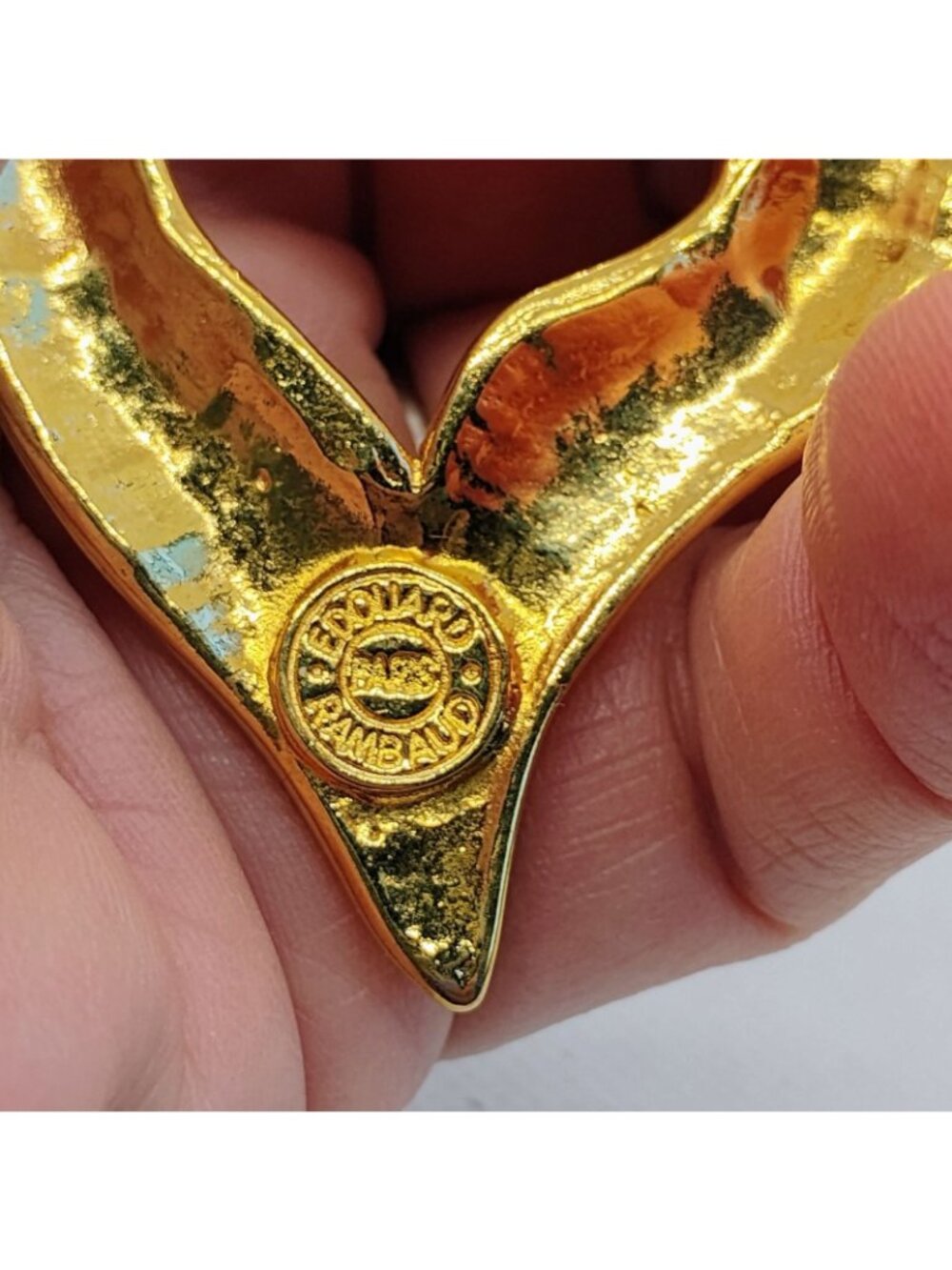 1980s Edouard Rambaud Paris Gold Plate Gripoix Glass Heart Brooch Pin Runway - Picture 5 of 6